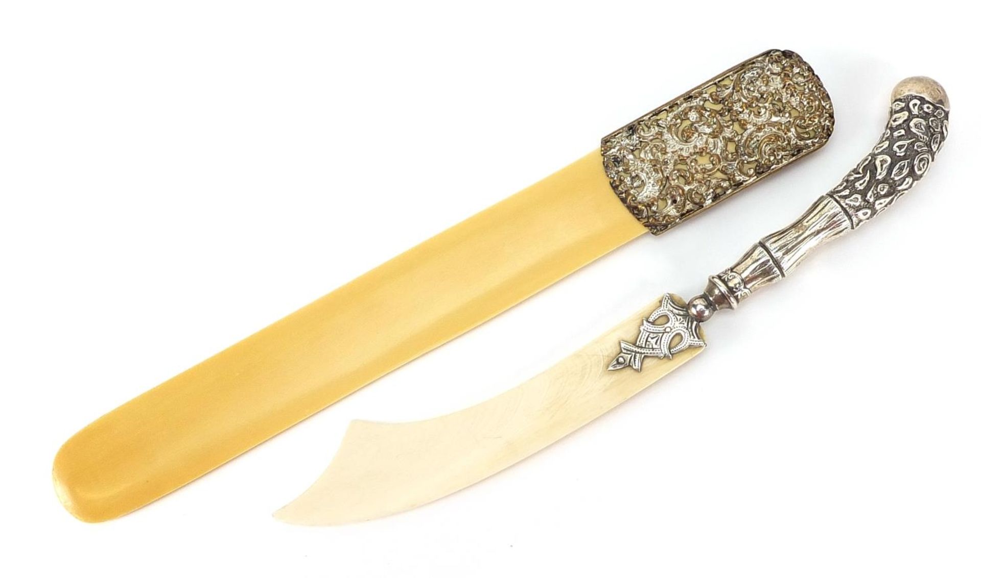 Ivorine page turner and a letter opener with silver handle, the largest 25cm in length
