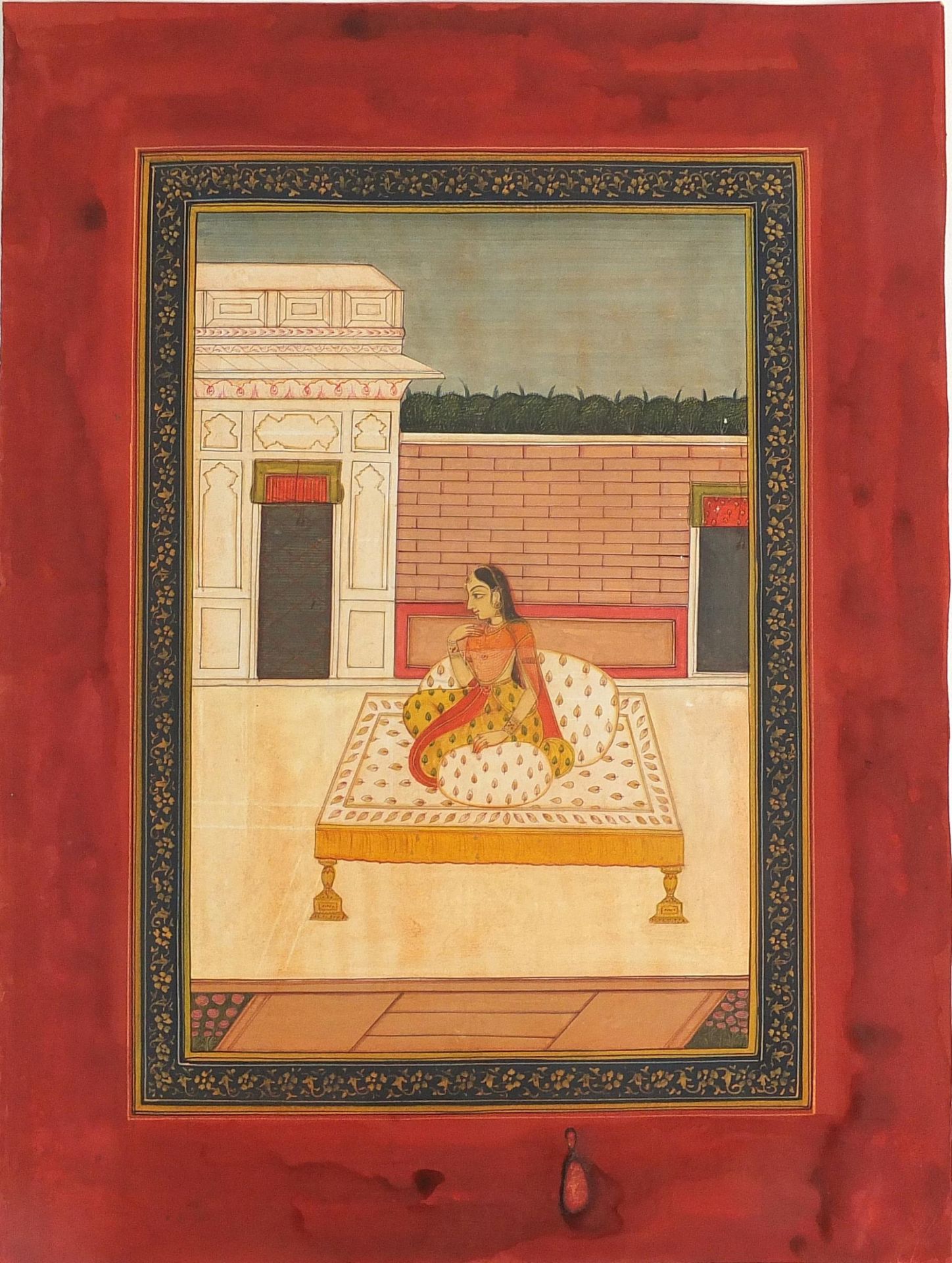 Seated female wearing traditional dress, Indian Mughal school watercolour on card, unframed, 27cm - Image 2 of 3