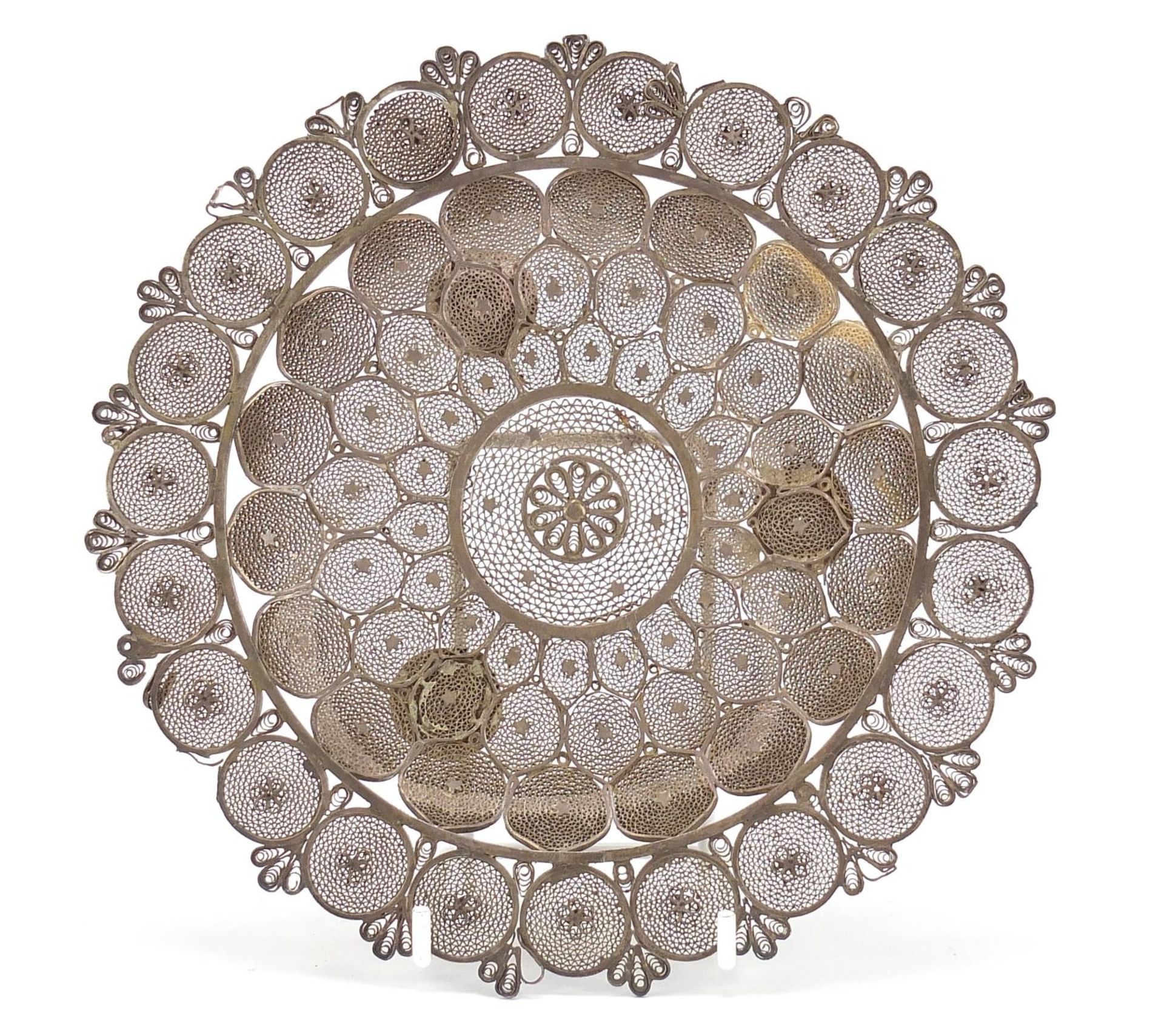 Indian silver coloured metal filigree footed dish, 18cm in diameter, 187.4g