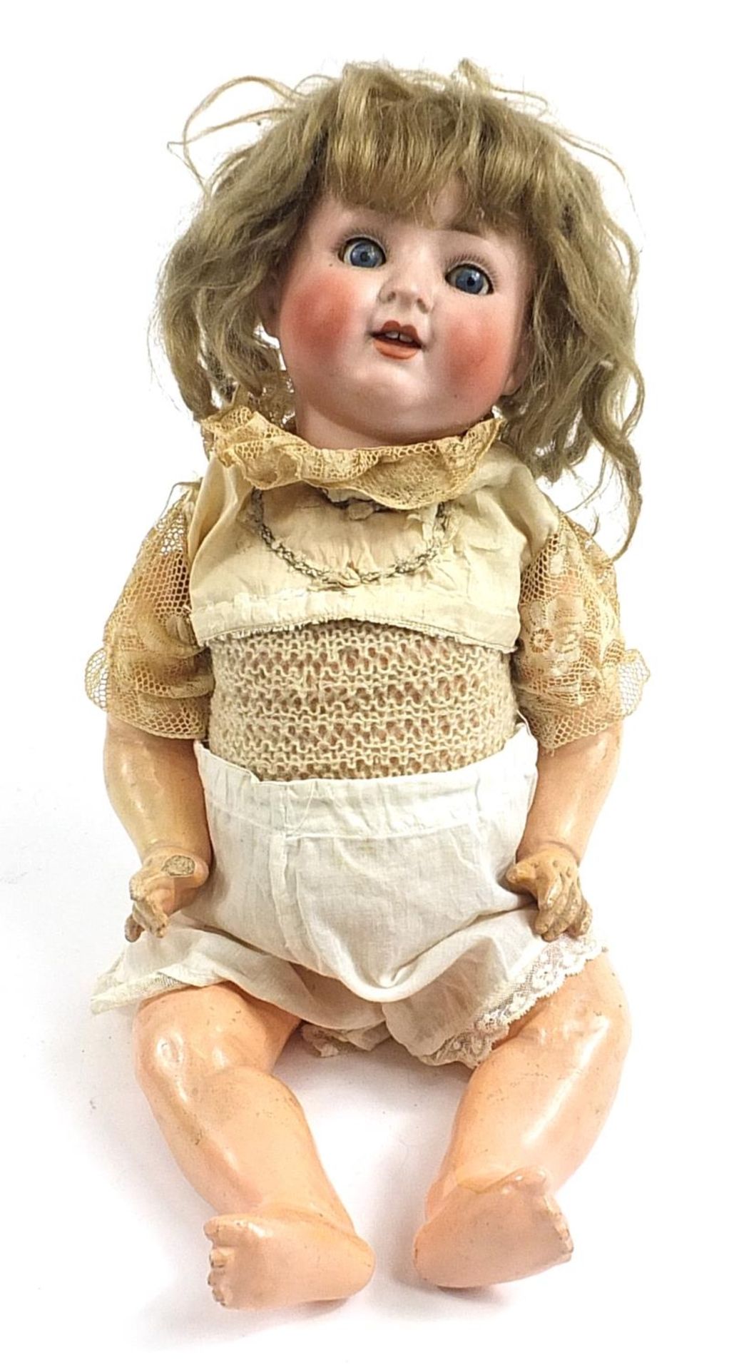 German bisque headed doll with jointed limbs, numbered 169 to the back of the head, 48cm in length