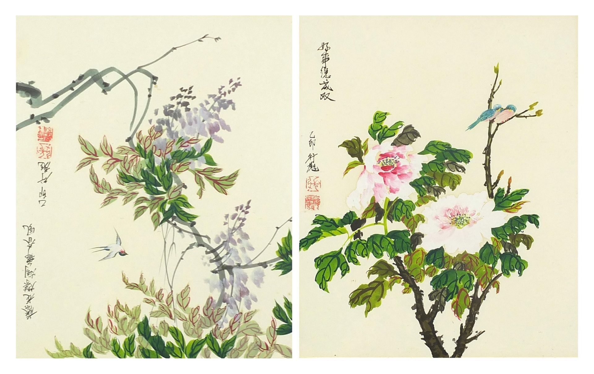 Birds and flowers, pair of Chinese watercolours, each with character marks and red seal marks,