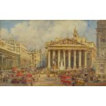 Buses and figures before The Royal Exchange, London, watercolour, indistinctly monogrammed, possibly