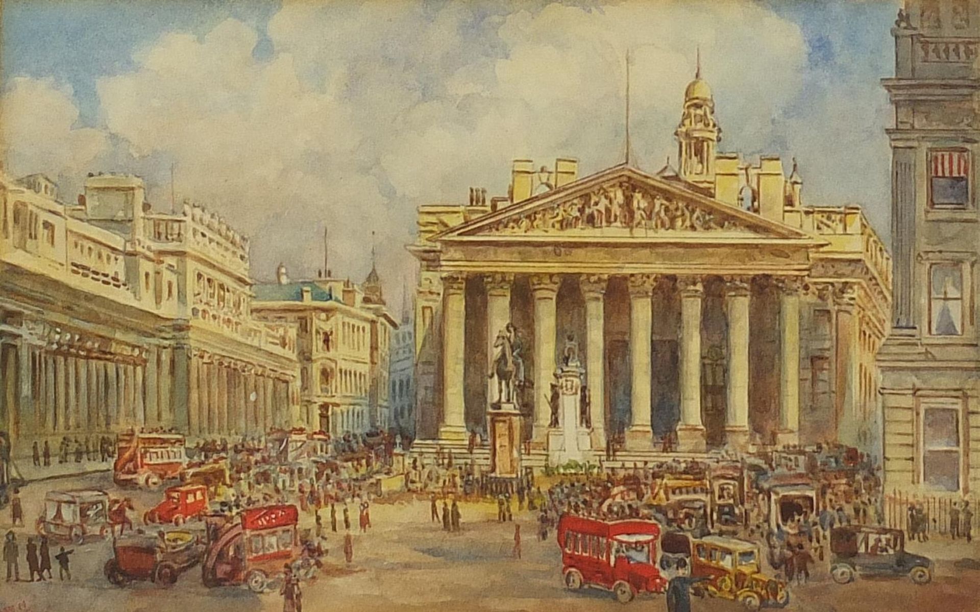 Buses and figures before The Royal Exchange, London, watercolour, indistinctly monogrammed, possibly