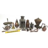 Antique and later metalware including middle eastern lantern, bells, silver plated teapot and mincer