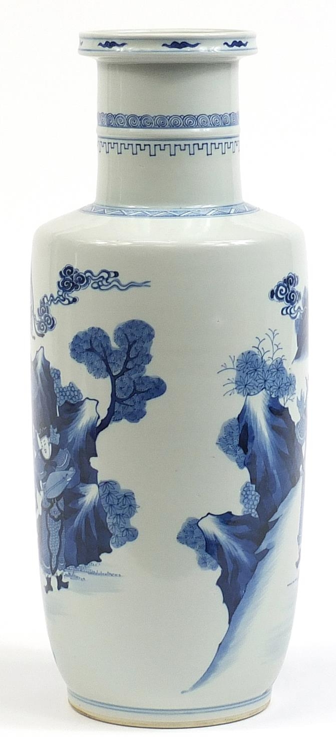 Large Chinese blue and white porcelain Rouleau vase hand painted with figures and warriors in a - Image 2 of 3