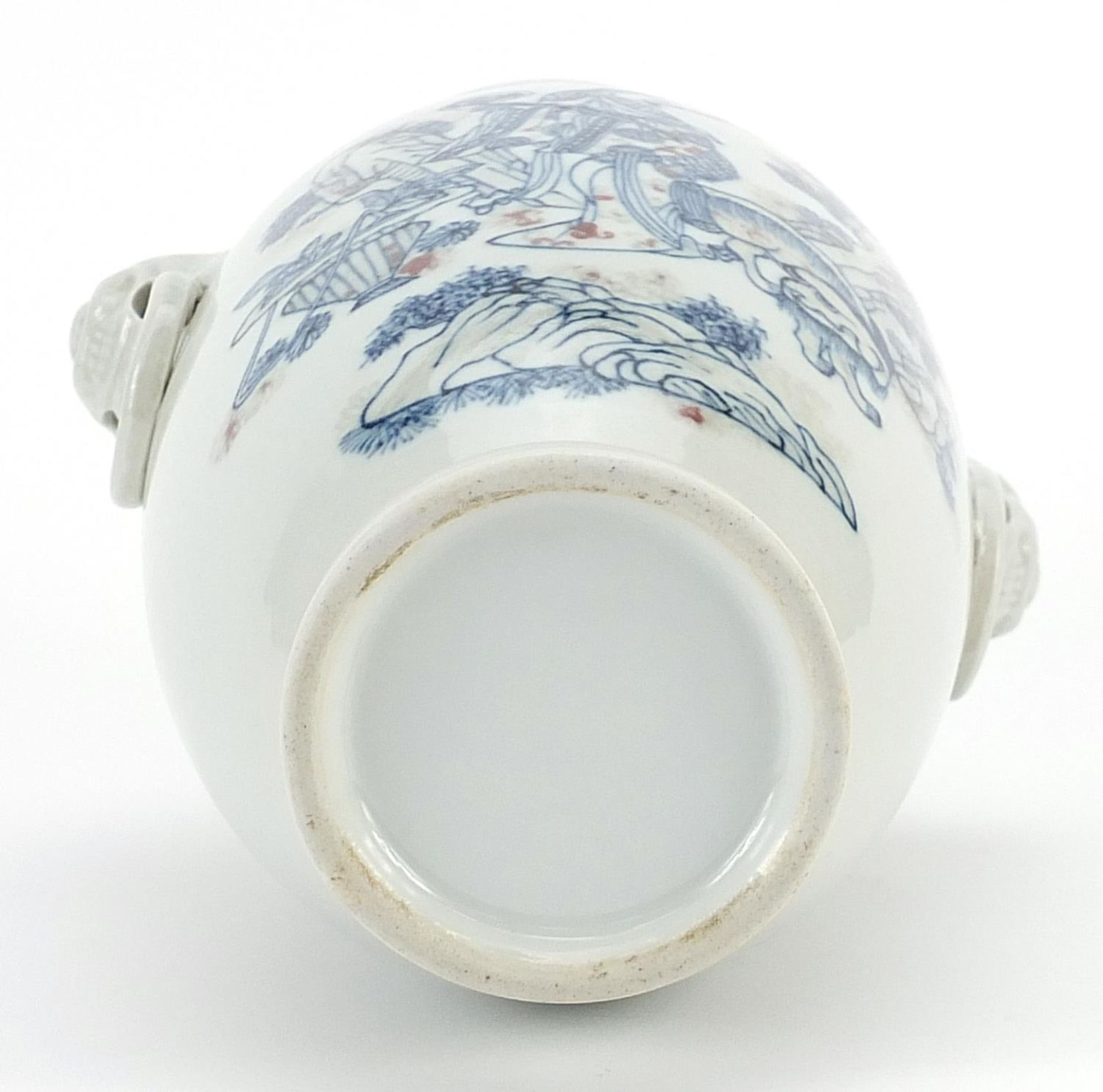 Chinese blue and white with iron red porcelain vase having animalia ring turned handles, hand - Image 3 of 3