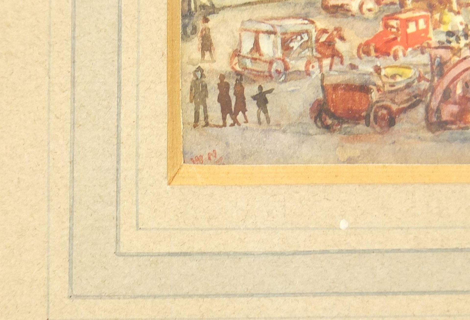 Buses and figures before The Royal Exchange, London, watercolour, indistinctly monogrammed, possibly - Image 3 of 4