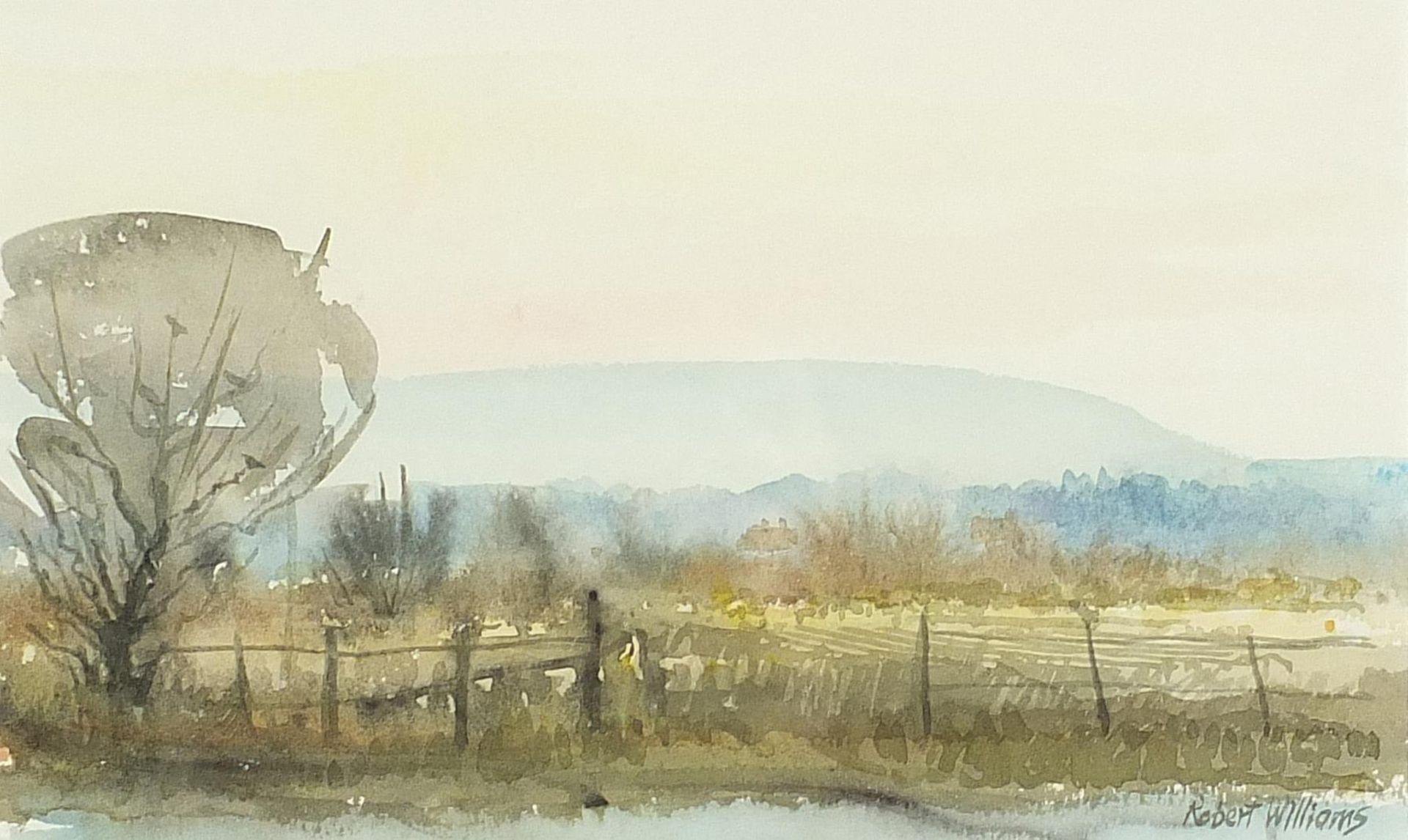 Robert Williams - Rural landscape, watercolour, mounted, framed and glazed, 18.5cm x 11.5cm