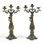 Pair of Chinese bronze three branch candelabra with wire and brass inlay, 42cm high