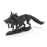 Contemporary Linda Frances patinated bronze study of a fox and cub, 20.5cm in length, 22cm in length