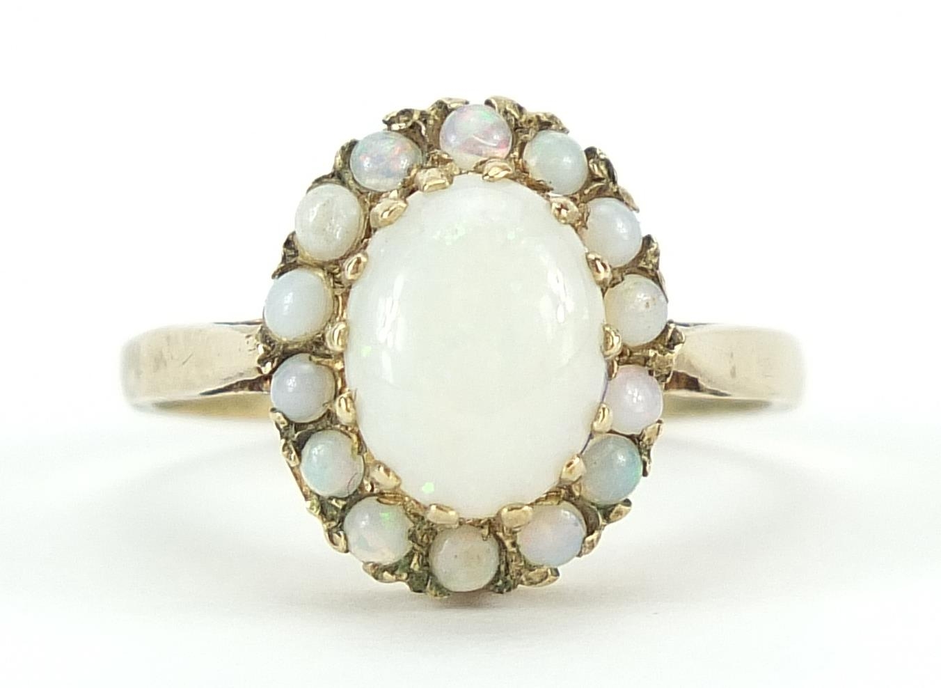 9ct gold opal cluster ring, size O, 2.7g