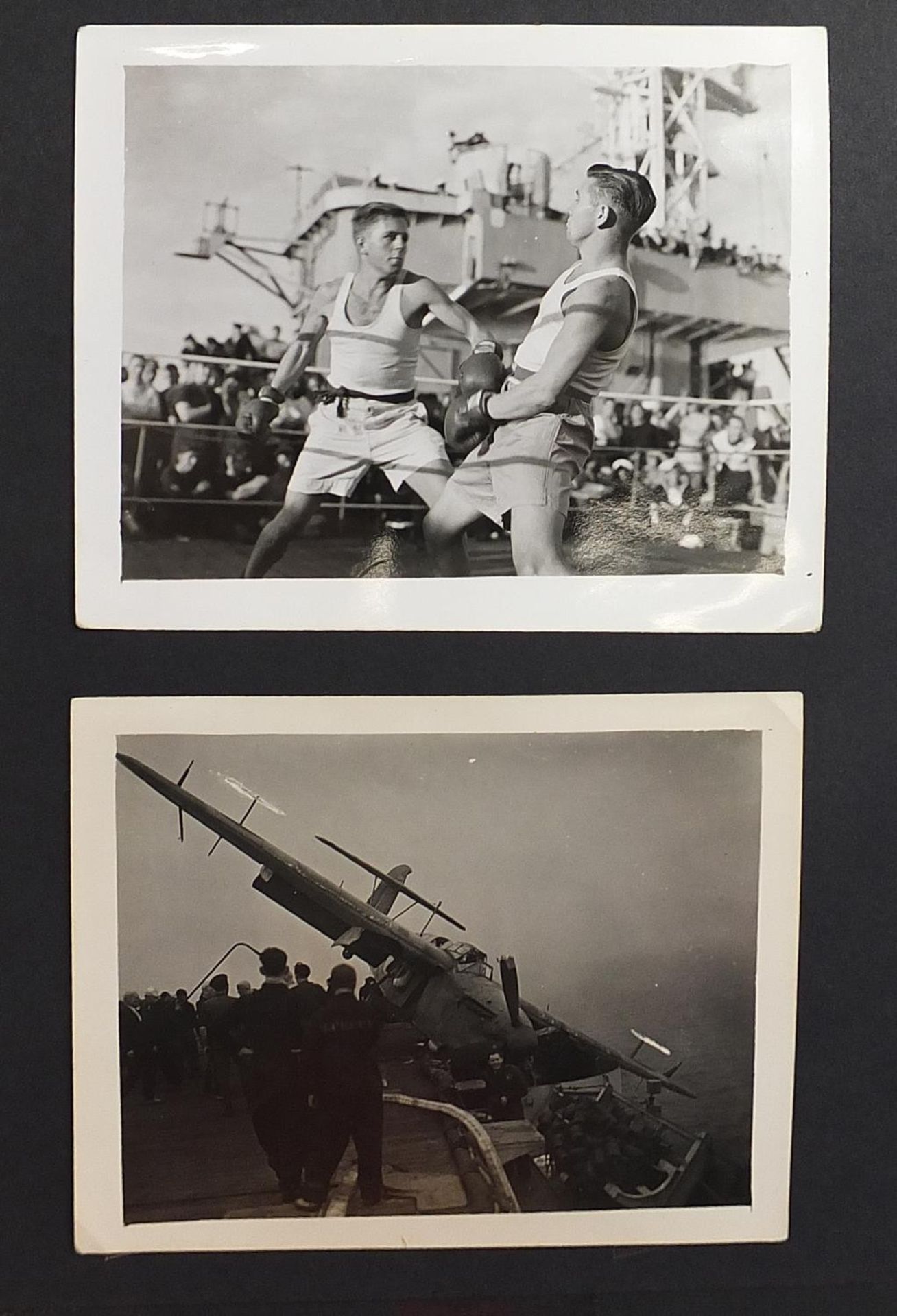 World War II black and white photograph album relating to HMS Rajah Roker class carrier, including