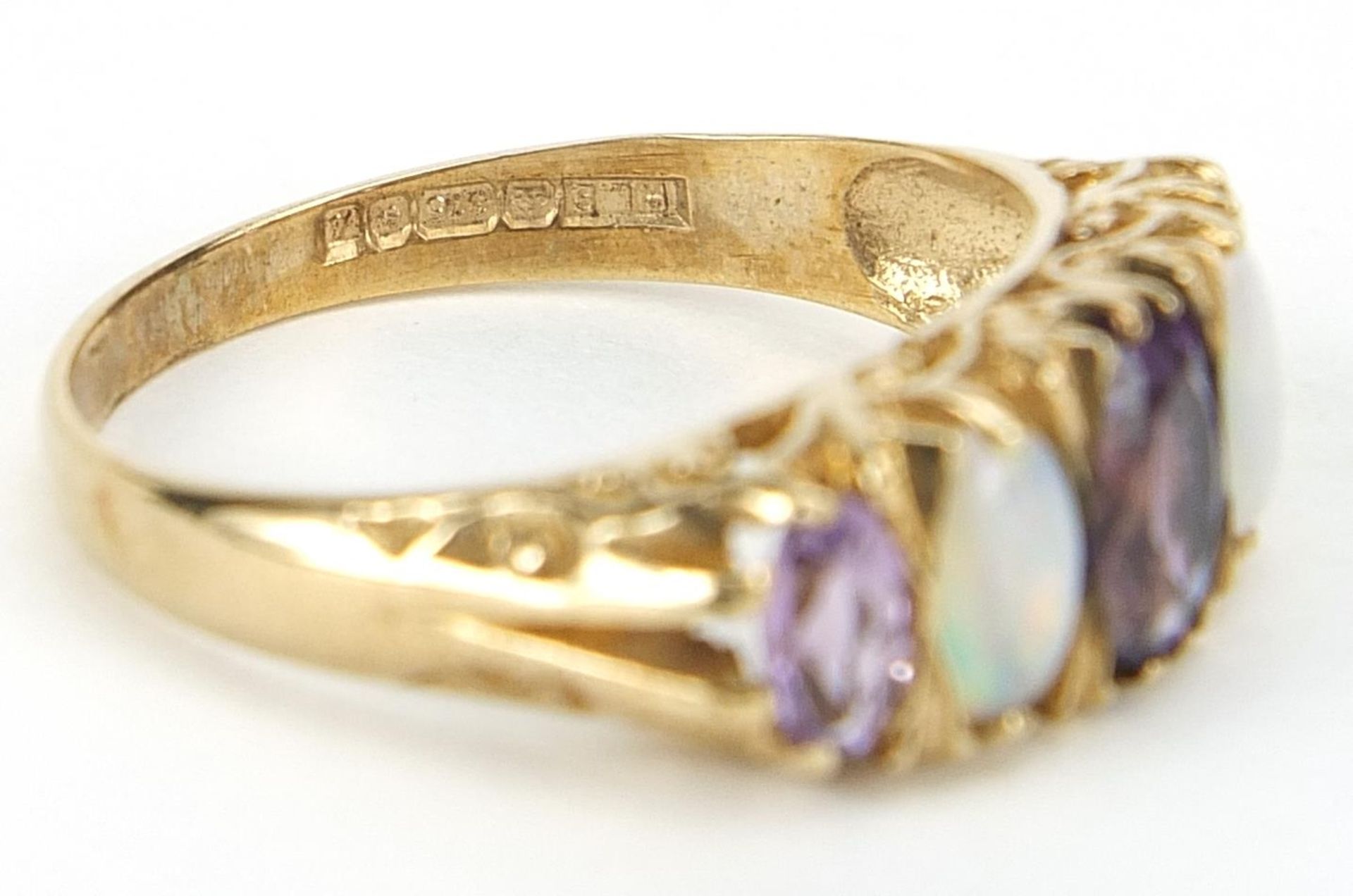 9ct gold amethyst and opal five stone ring, size P, 3.2g - Image 3 of 3