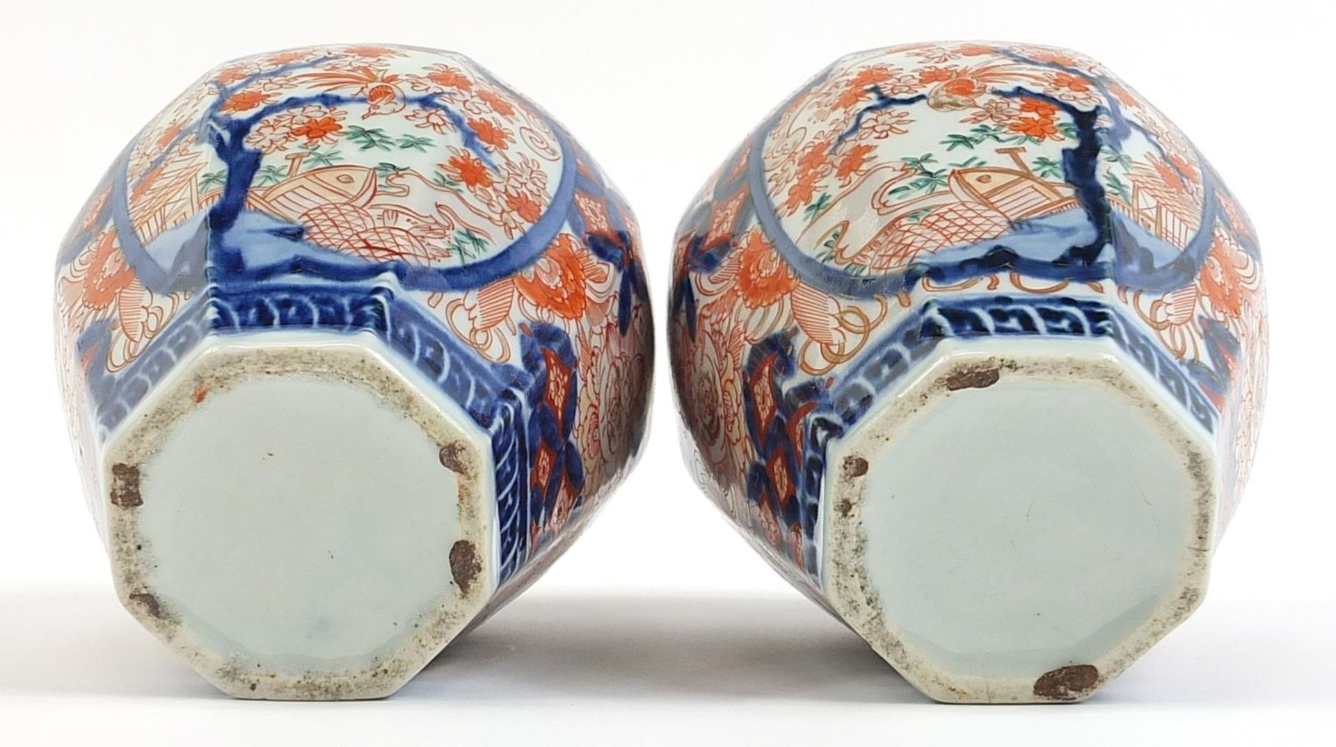 Pair of Japanese Imari porcelain vases and covers hand painted with flower, 32cm high - Image 3 of 3