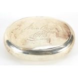 George VI oval silver squeeze action snuff box, indistinct maker's mark, Birmingham 1938, 8.5cm in