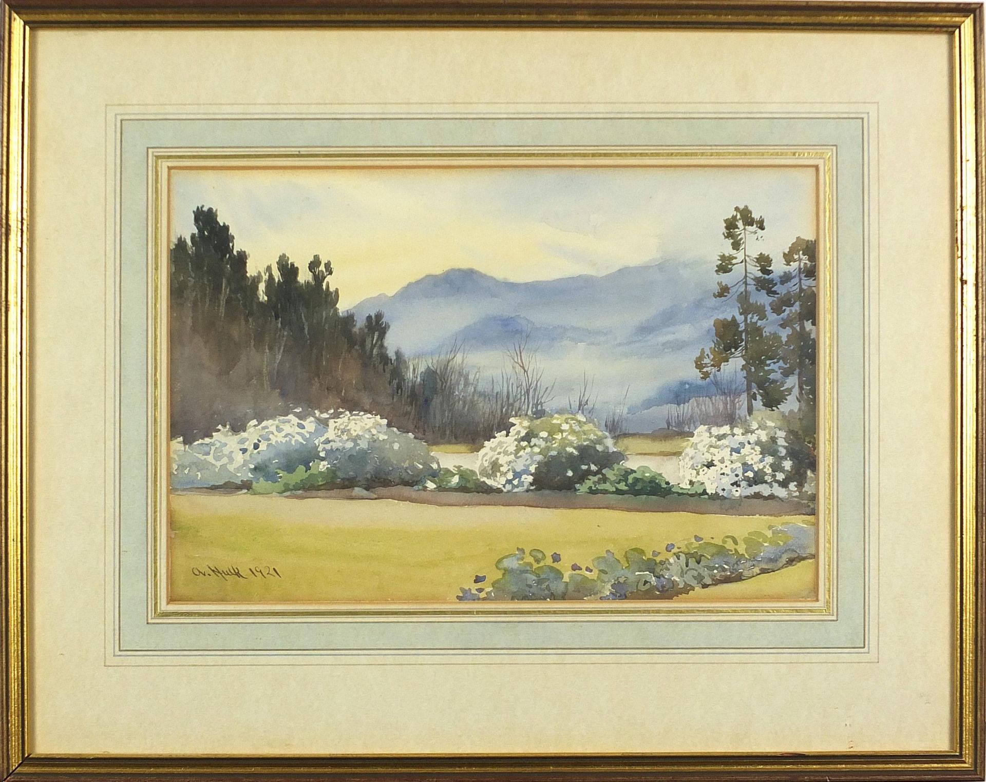 Abraham II Hulk 1921 - Mountainous landscape with trees, early 20th century watercolour, mounted, - Image 2 of 4