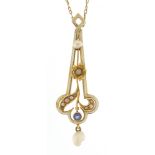 Manner of Carlo Giuliano, Art Nouveau 14ct gold necklace set with a blue sapphire and seed pearls, T