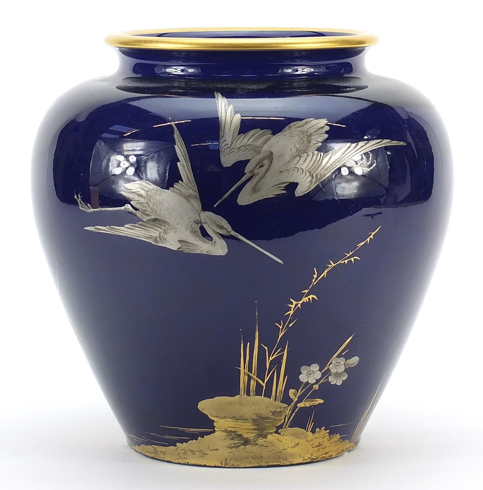 Victorian Aesthetic porcelain vase hand painted and gilded with birds in flight, retailed by