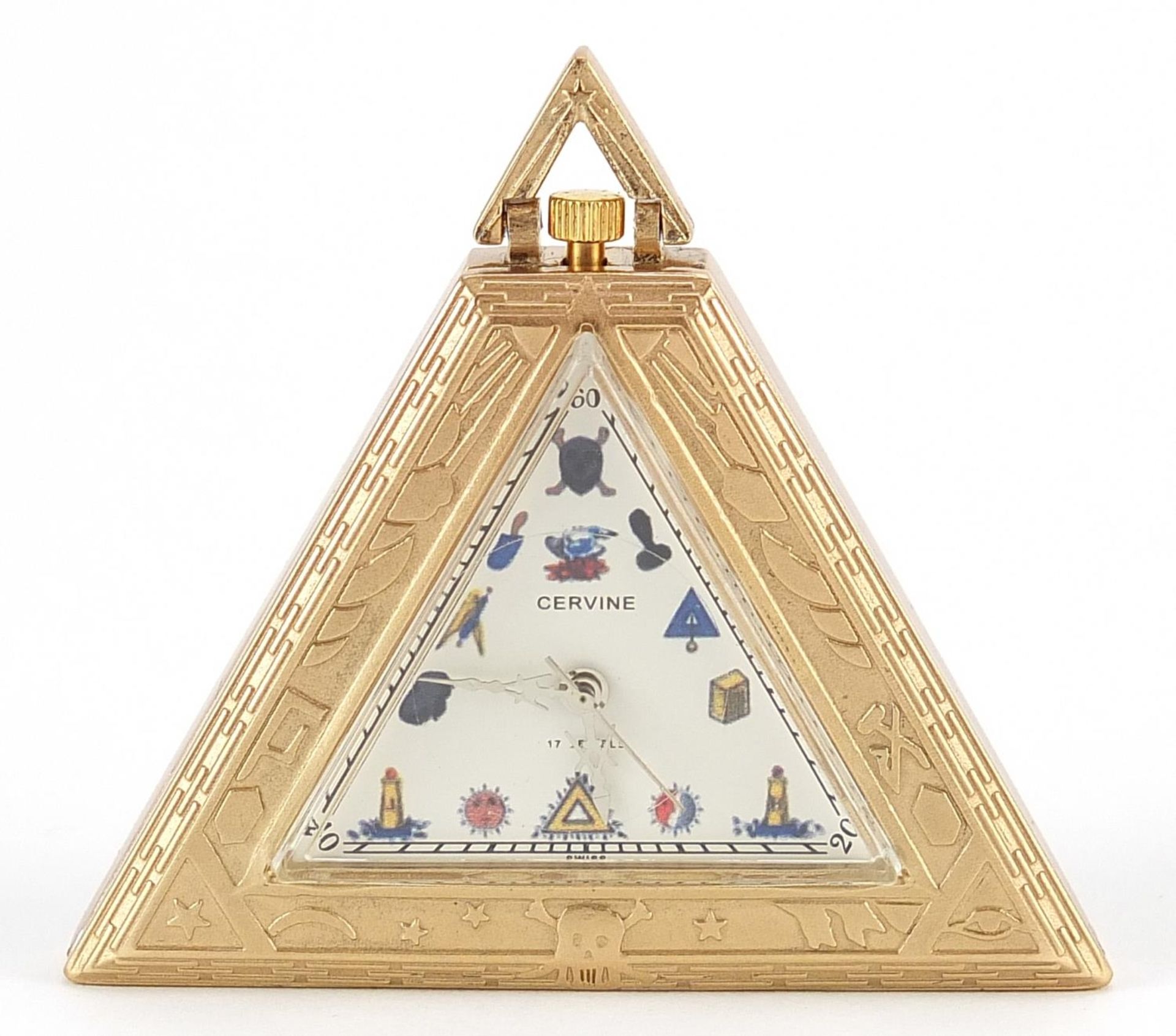 Masonic silver gilt triangular pocket watch, 5cm high, 51.2g