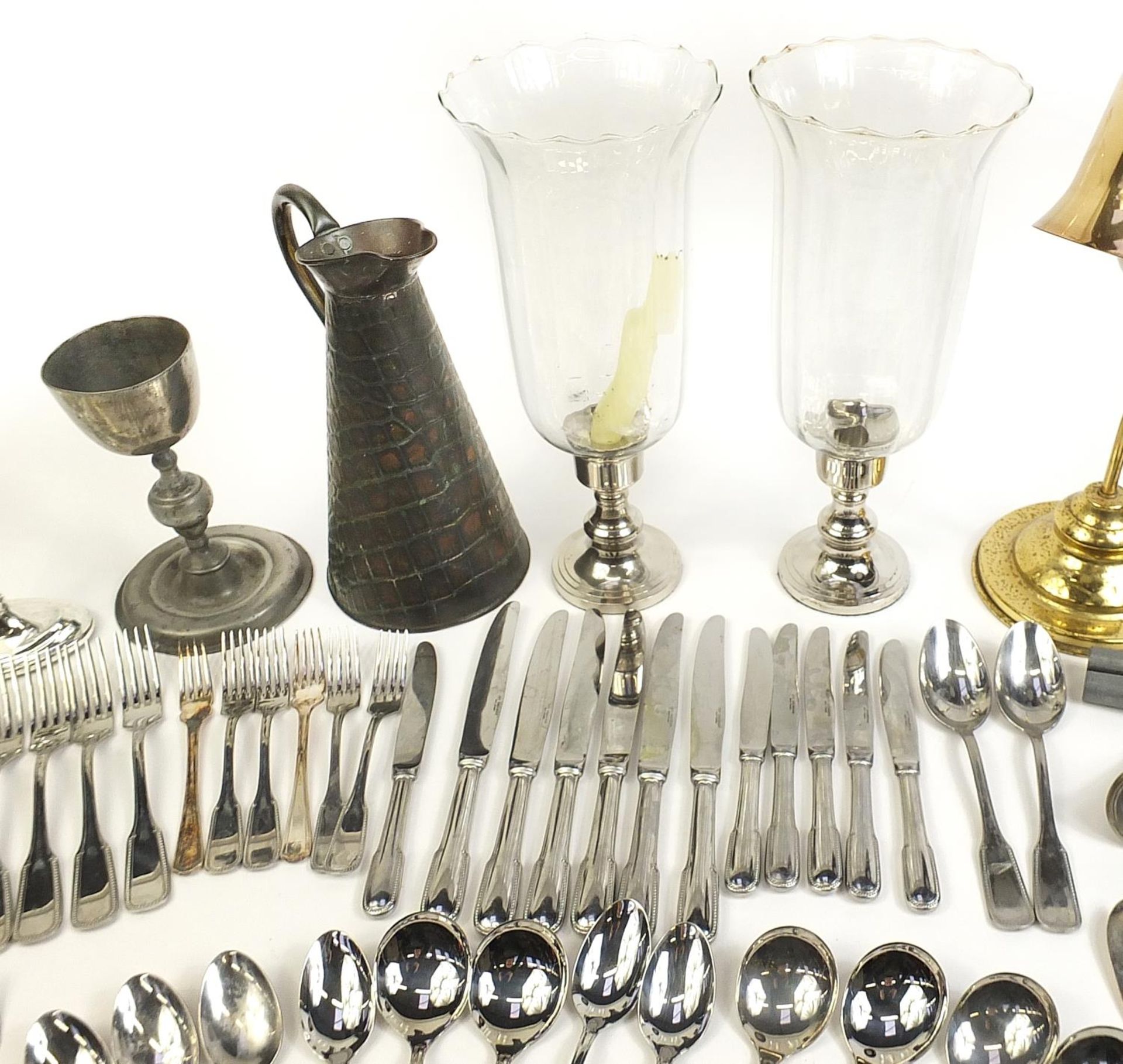 Metalware including silver plated cutlery, copper flagon, brass desk lamp and a decorative flintlock - Image 3 of 5