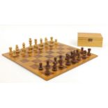 Staunton turned wood chess set with board, the largest pieces 7.5cm high, the board 44.5cm x 44.5cm