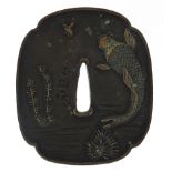 Japanese patinated bronze and mixed metal Tsuba, signed with character marks, 7.5cm x 6.5cm