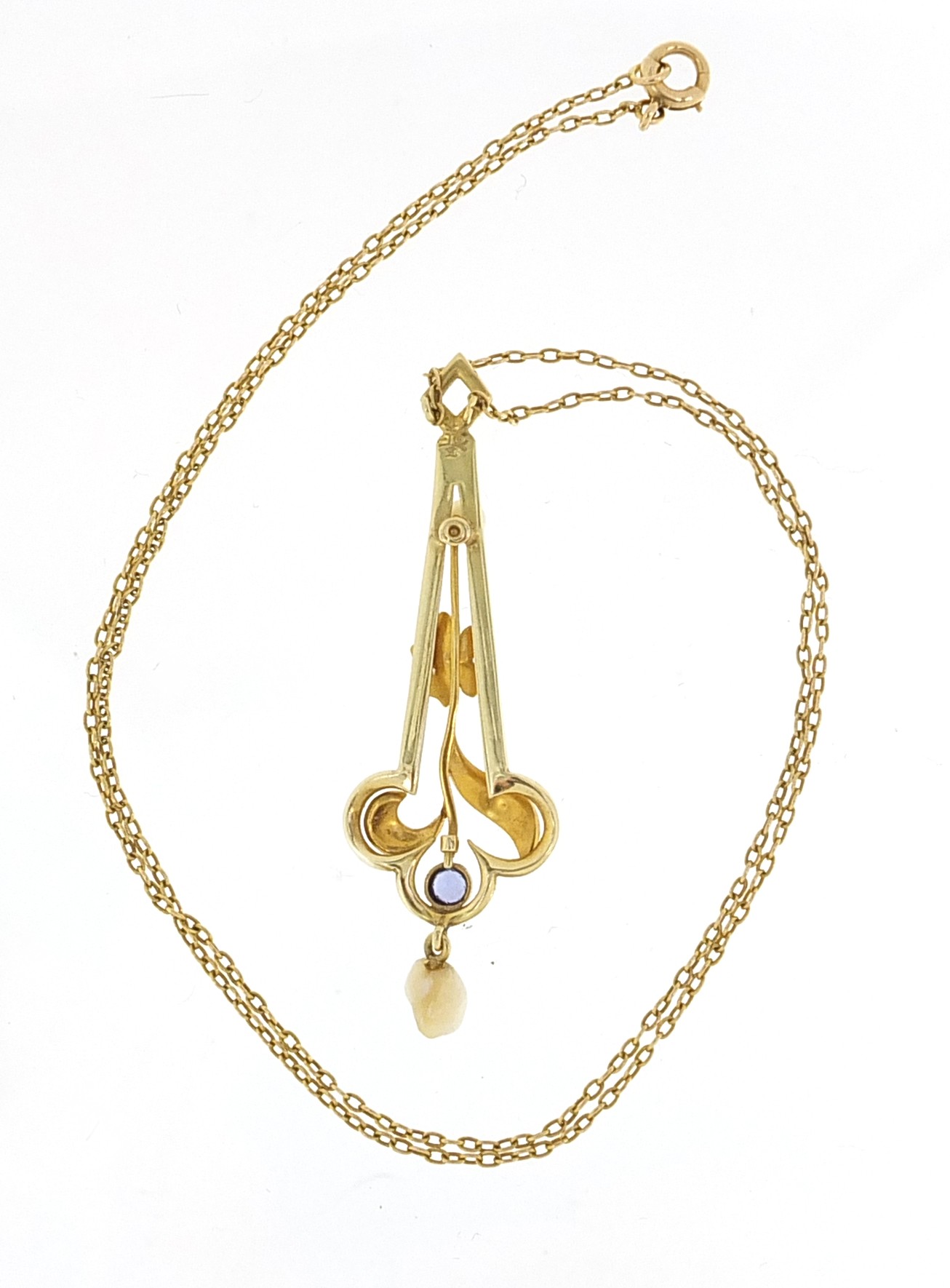 Manner of Carlo Giuliano, Art Nouveau 14ct gold necklace set with a blue sapphire and seed pearls, T - Image 3 of 4