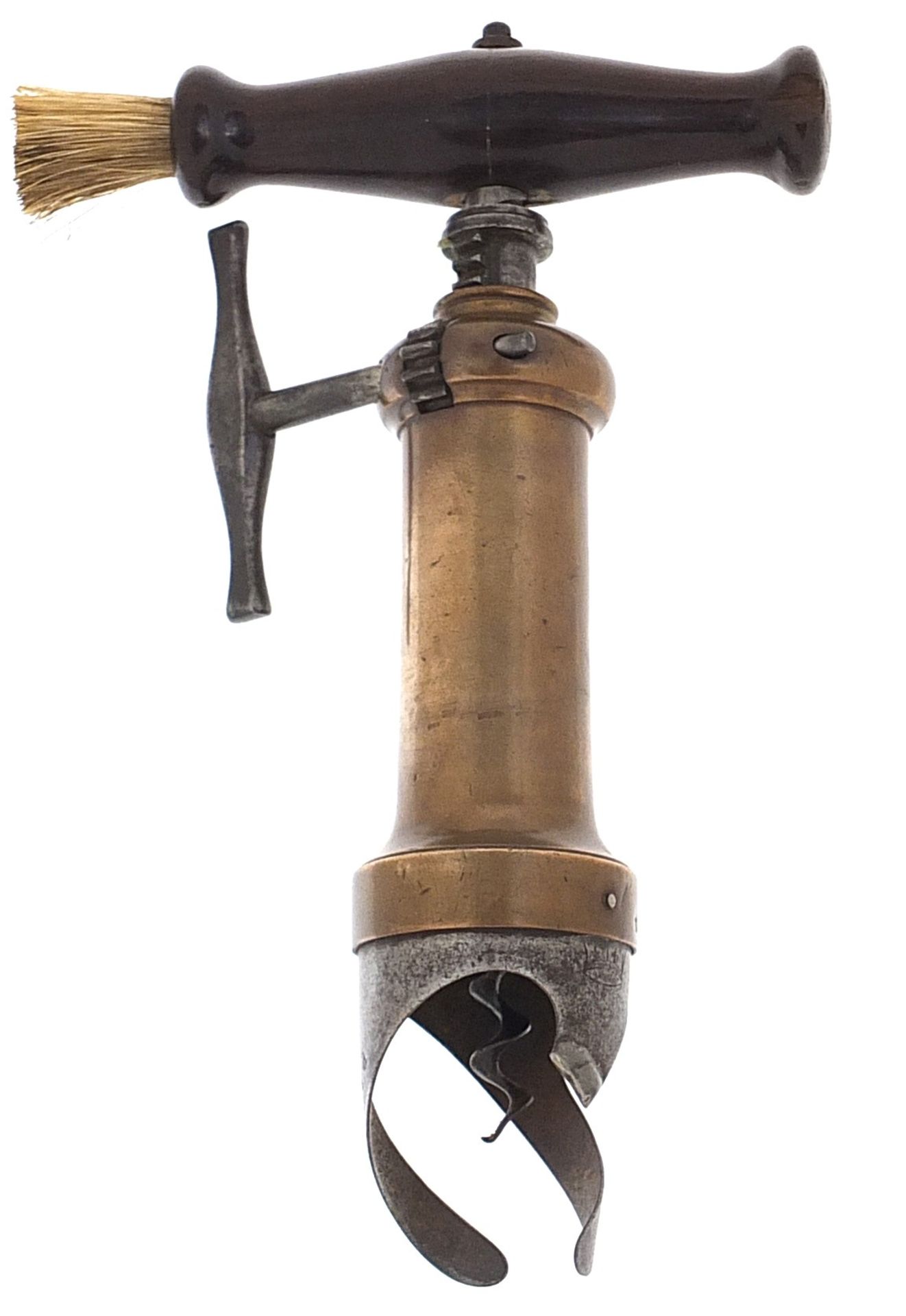 Victorian mechanical corkscrew with side brush impressed Lund Cornhill, 19cm high
