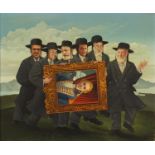 Peter Lawman - Jewish Figures with a painting before a landscape, comical oil on canvas, mounted and