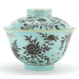 Chinese turquoise ground porcelain bowl and cover hand painted with flowers, four figure iron red