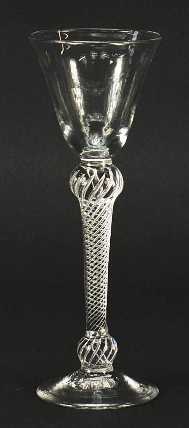 18th century wine glass with double knopped air twist stem, 16cm high