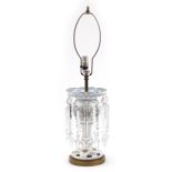 White overlaid glass lustre table lamp with cut glass drops, 45cm high