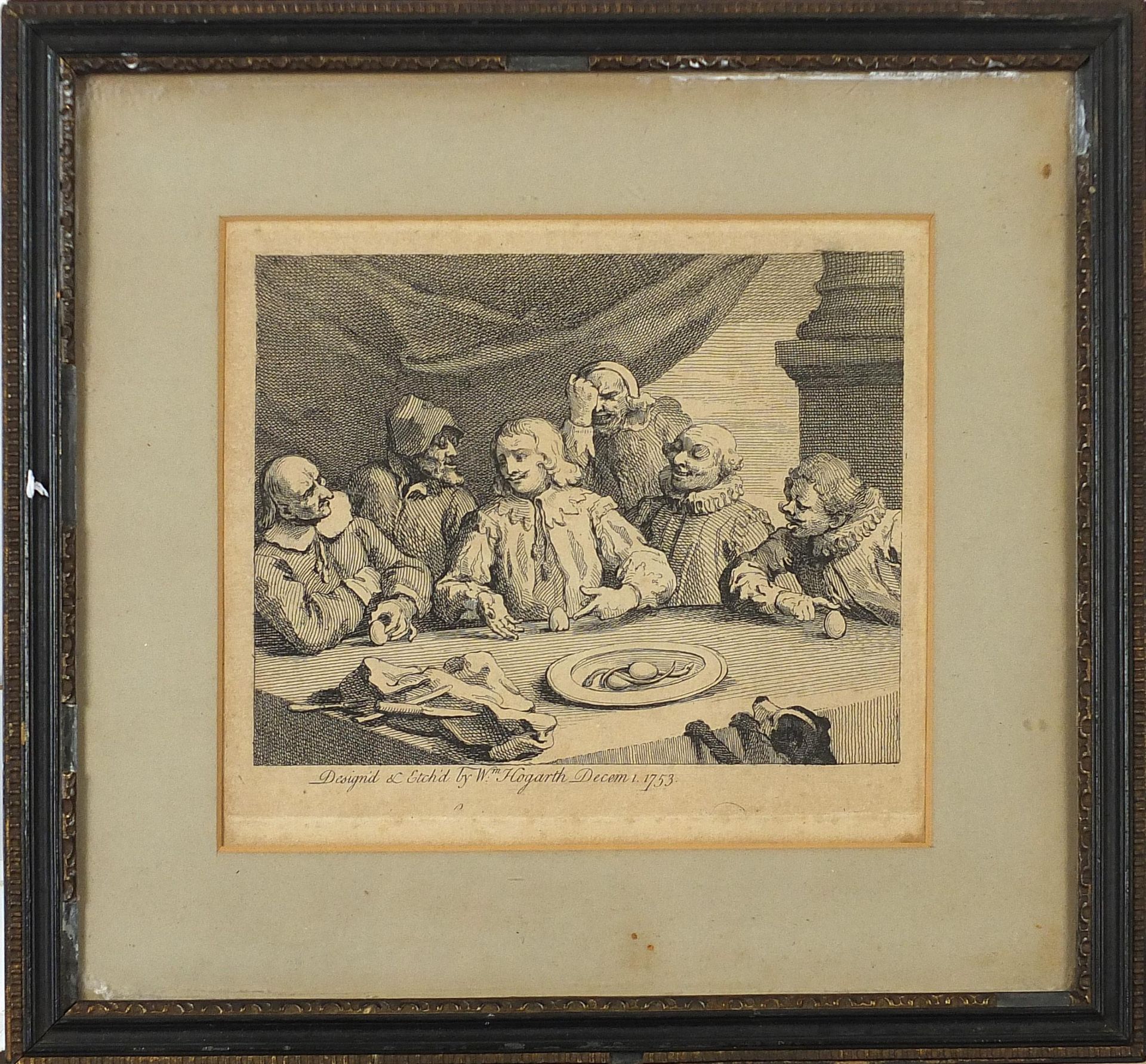 After William Hogarth - Columbus breaking the eggs, 18th century engraving, mounted, framed and - Image 2 of 4