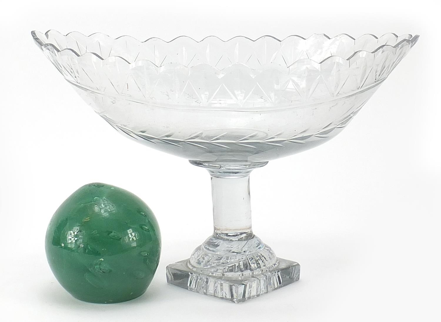 Late 18th/early 19th century cut glass pedestal centrepiece and a green glass dump weight, the - Image 2 of 3