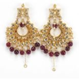 Pair of Islamic gilt metal and enamel earrings, 9cm high