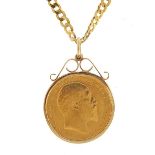 Edward VII 1905 gold sovereign with 9ct gold pendant mount and 9ct gold curb link necklace, 60cm