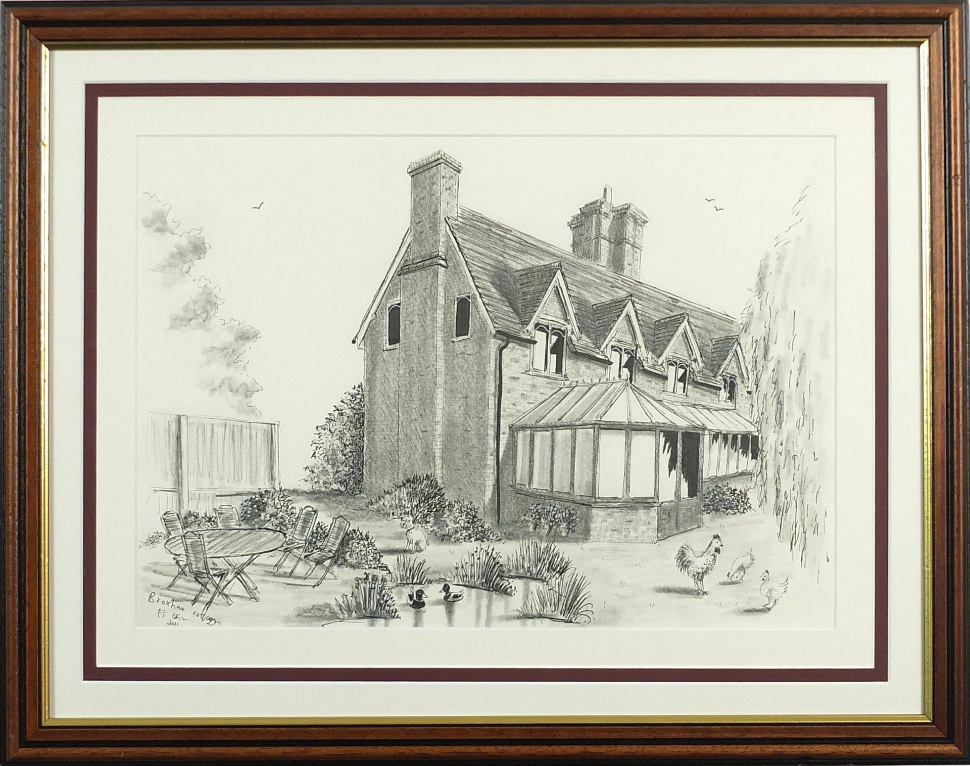 Broxham Cottages, pair of pencil drawings, each mounted, framed and glazed, the largest 57cm x 40. - Image 3 of 9