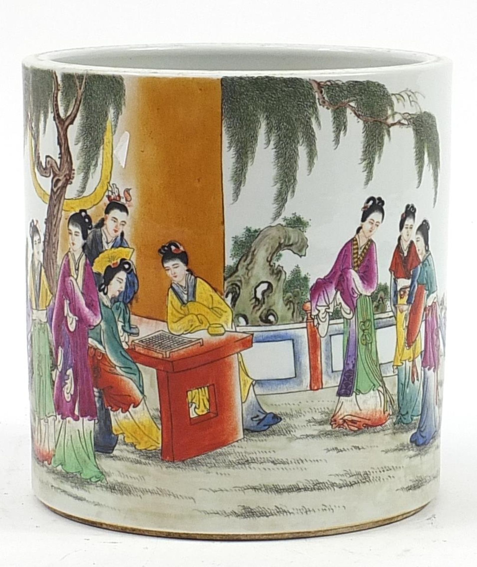 Large Chinese porcelain brush pot hand painted in the famille rose palette with figures in a