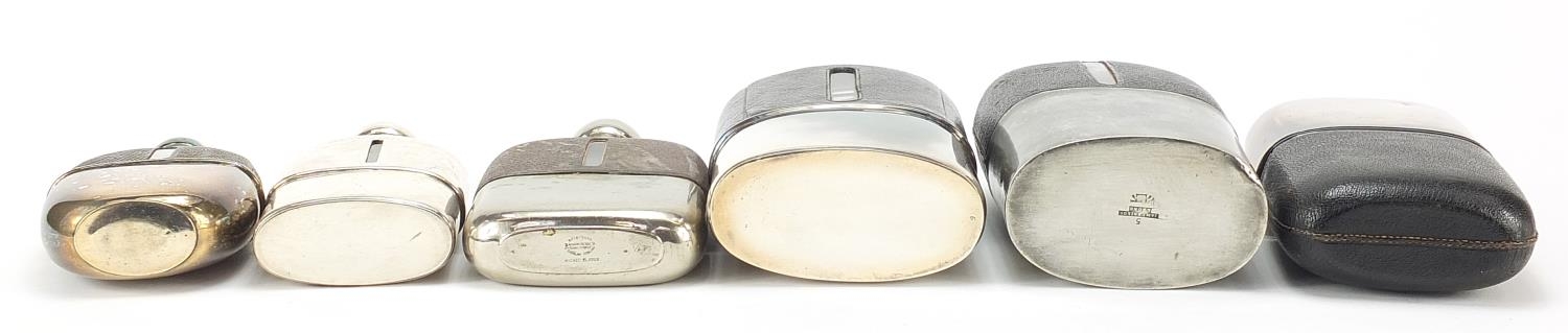Six antique and later hip flasks, five with leather mounts, the largest 18cm high - Image 5 of 8