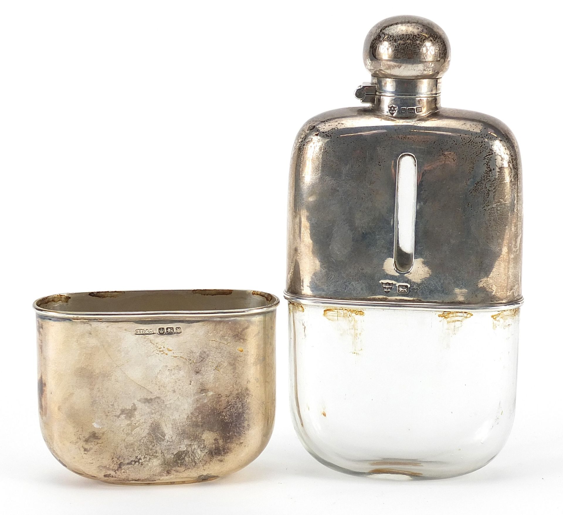 James Dixon & Sons Ltd, large Victorian silver and glass hip flask with detachable cup, Sheffield