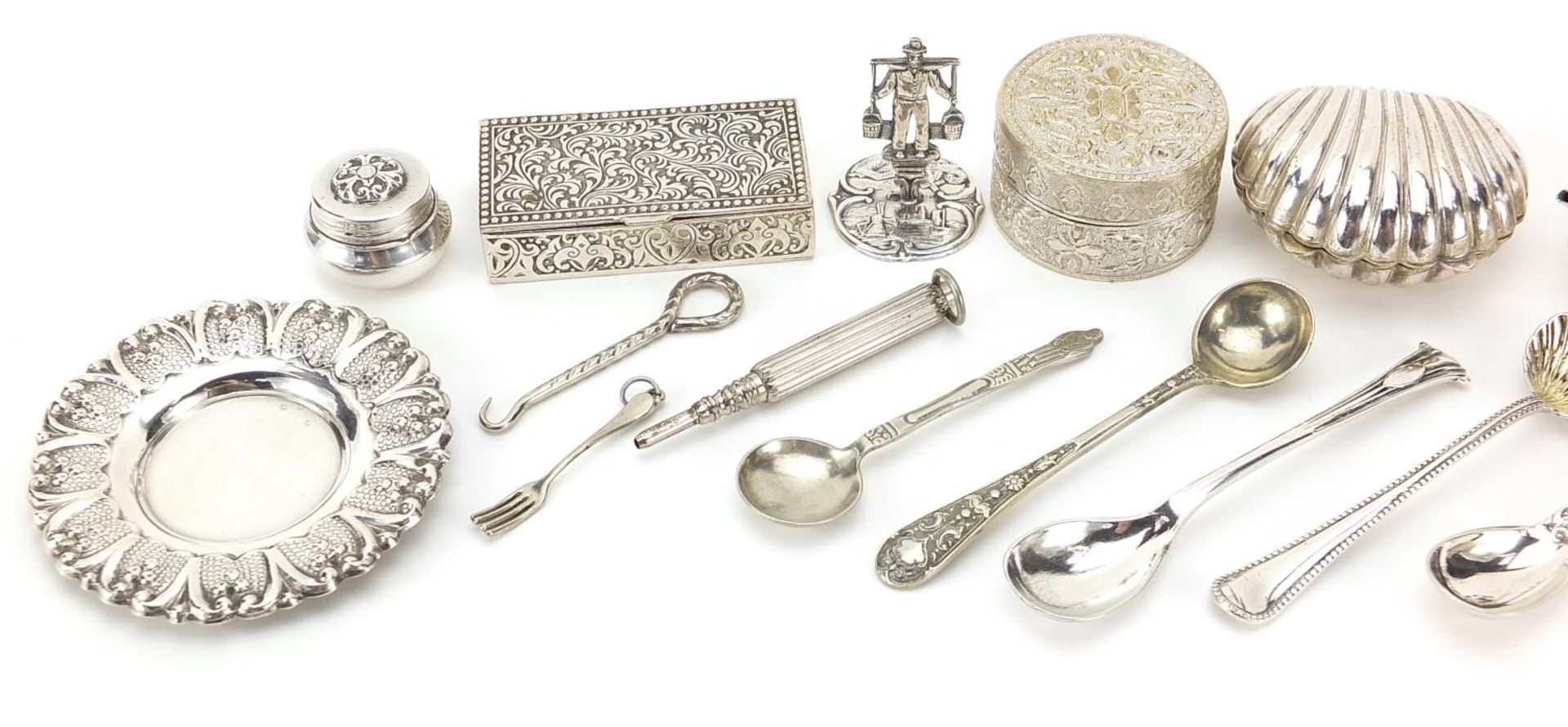 Silver plated and white metal objects including doll's house tea service, pill boxes and mustard - Image 2 of 4