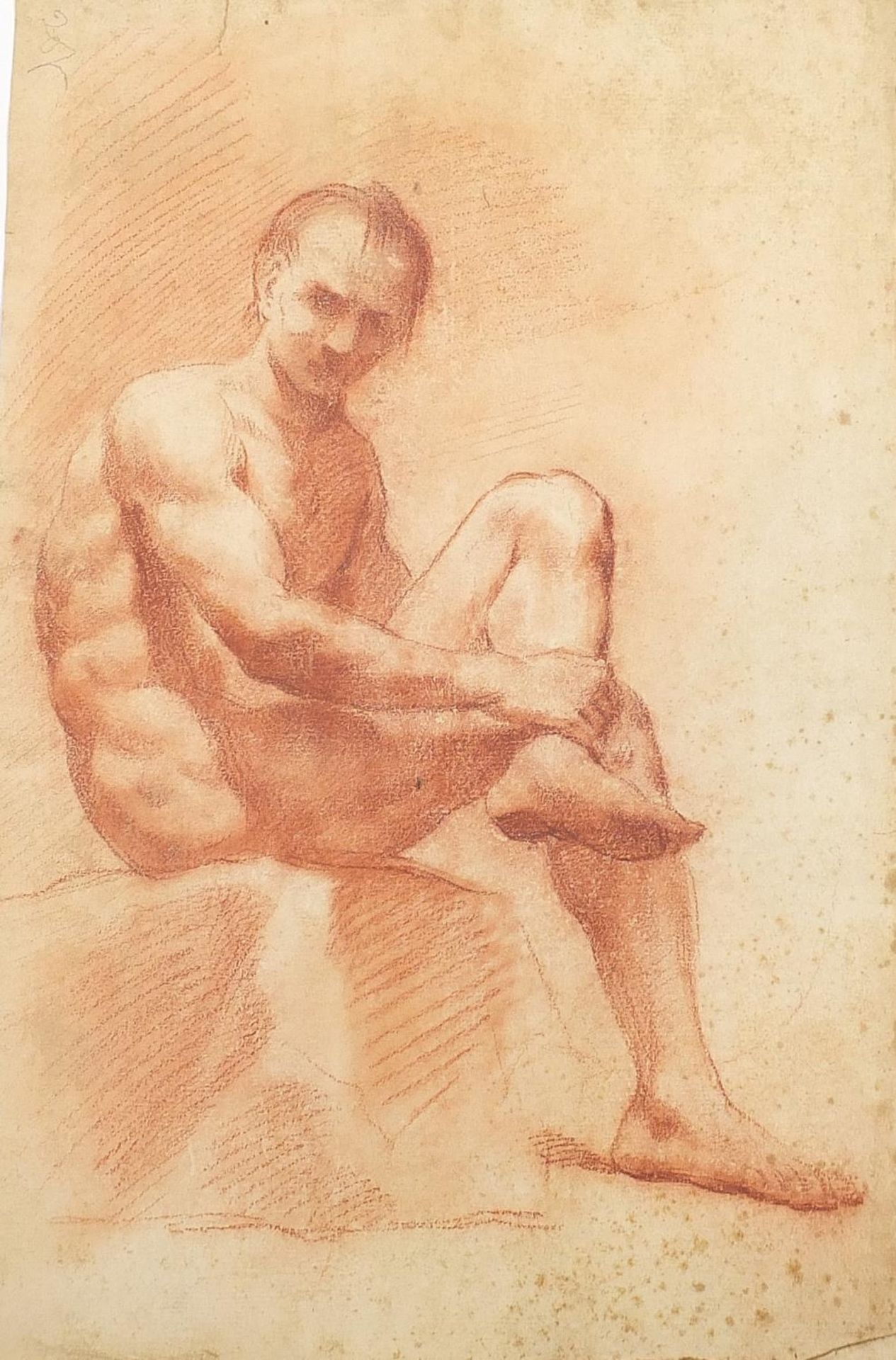 Seated nude man and study of a hand, two sanguine chalk drawings, unframed, the largest 43cm x 28cm - Image 5 of 7