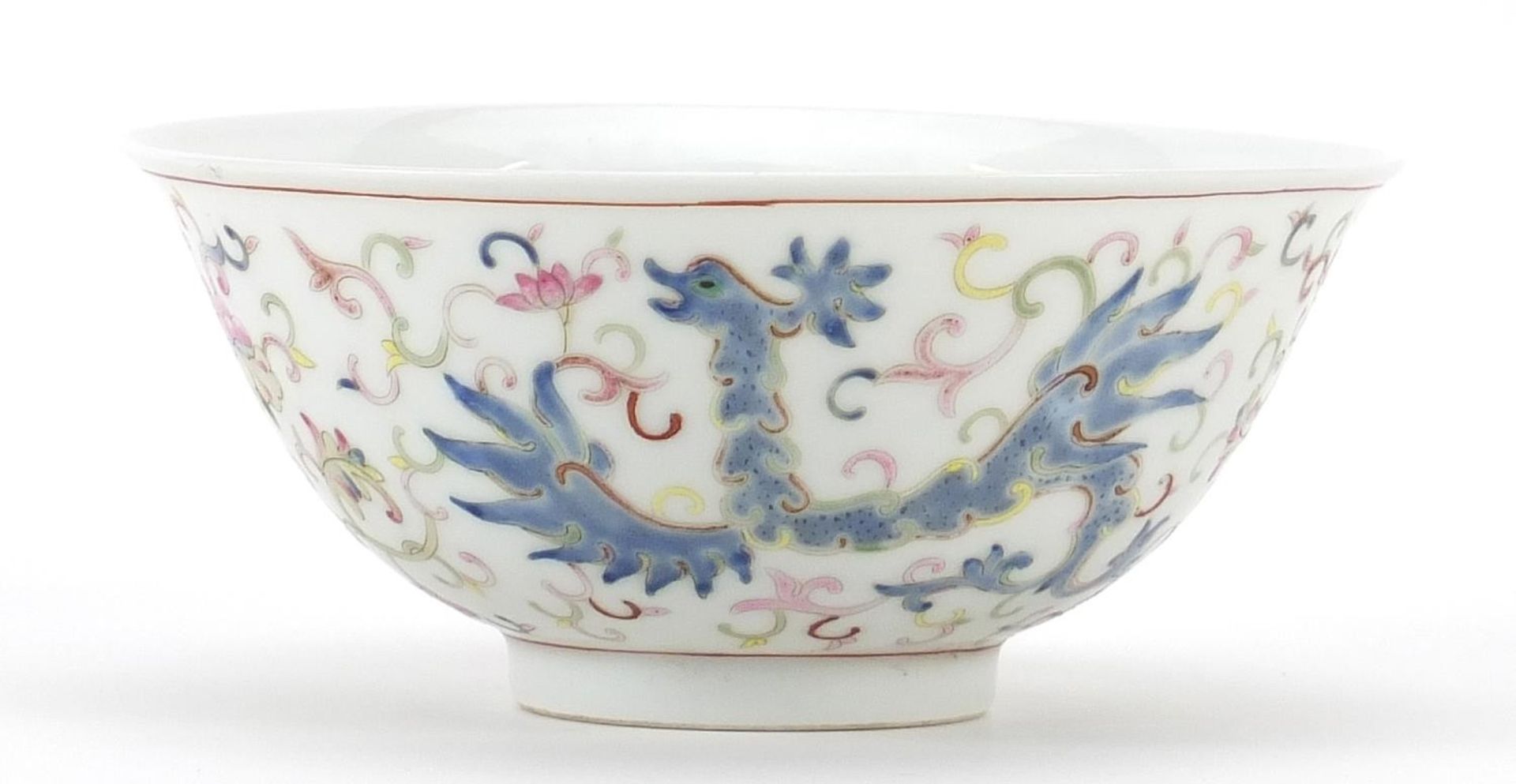 Chinese porcelain bowl hand painted in the famille rose palette with phoenixes amongst flowers and - Image 2 of 3