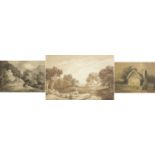 Pastoral landscapes with cottages, three 19th century monochrome watercolours, one inscribed P de