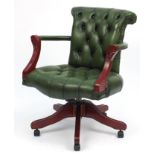 Mahogany framed captain's chair with green leather button upholstery, 83cm high