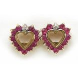 Pair of 9ct gold ruby and diamond love heart stud earrings, 1cm high, 1.7g