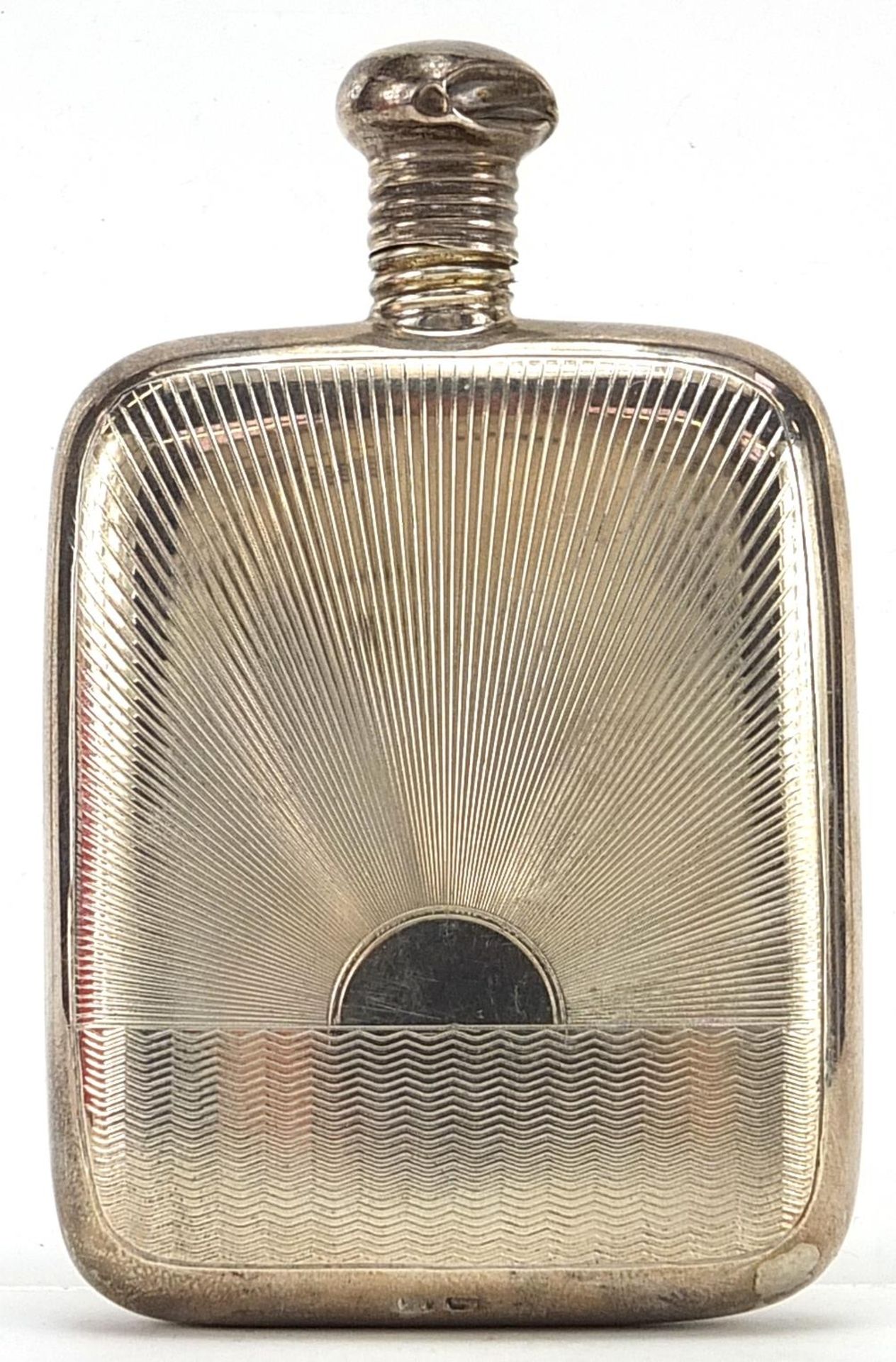 A & J Zimmerman Ltd, Art Deco silver hip flask with engine turned decoration, Birmingham 1924, 7.5cm