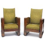 Pair of Art Deco oak adjustable armchairs with lift up seats and shelf space sides, 95cm high