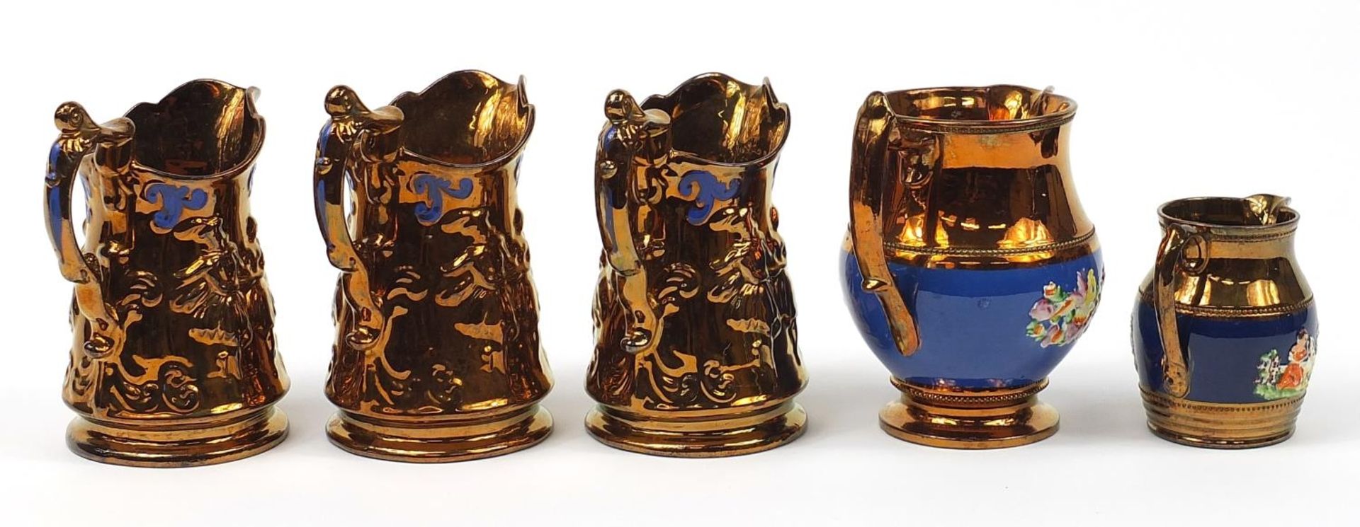 Five Victorian lustre jugs including one hand painted with flowers, the largest 19.5cm high - Image 4 of 5