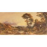 John Varley 1842 - Castle, figures and cattle before water, 19th century panoramic watercolour,